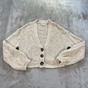 URBAN OUTFITTERS Cropped Cardigan Sweater Chunky Knit 90s BOHO Beige Speckled XS